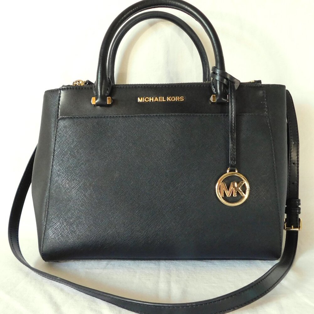 Medium Michael Kors Black Leather & Gold Tote Handbag Purse
